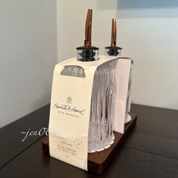 Oil & Vinegar Ribbed Glass Bottle Set with Wood Base - Hearth & Hand Magnolia - Picture 6 of 8